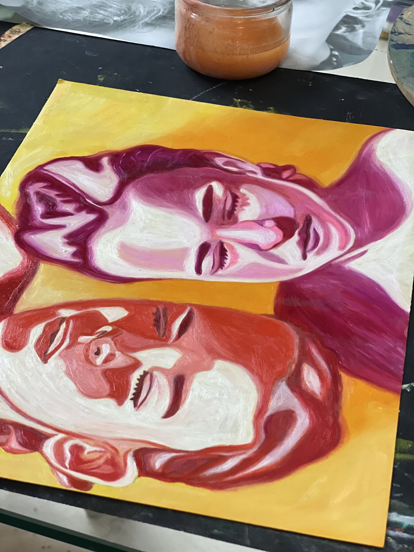 Doux sœurs, huile sur papier, dans l’atelier